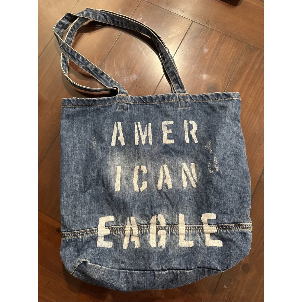 American Eagle Denim Tote Bag Blue Graphic Logo Distressed Jean Purse Cottage
